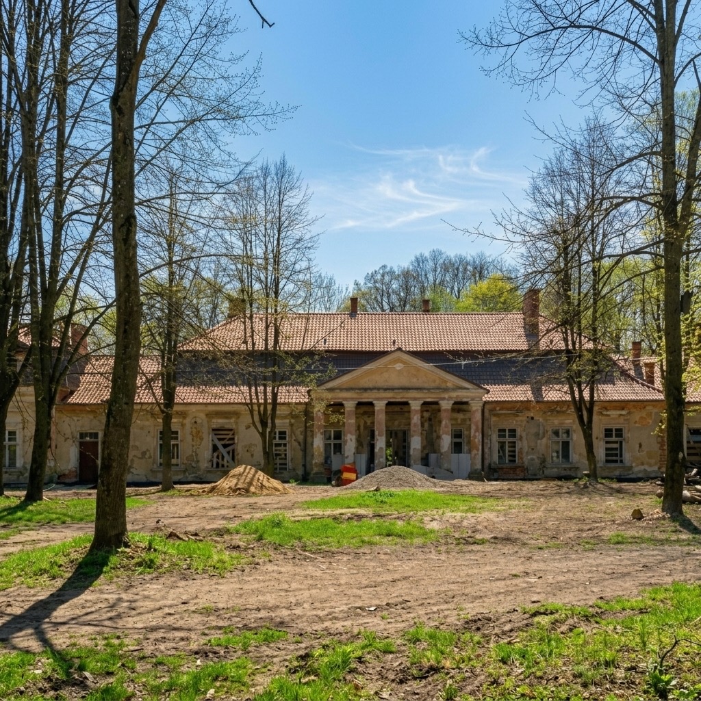 Pałac wśród drzew na ujęciu z dotychczasowej strony
